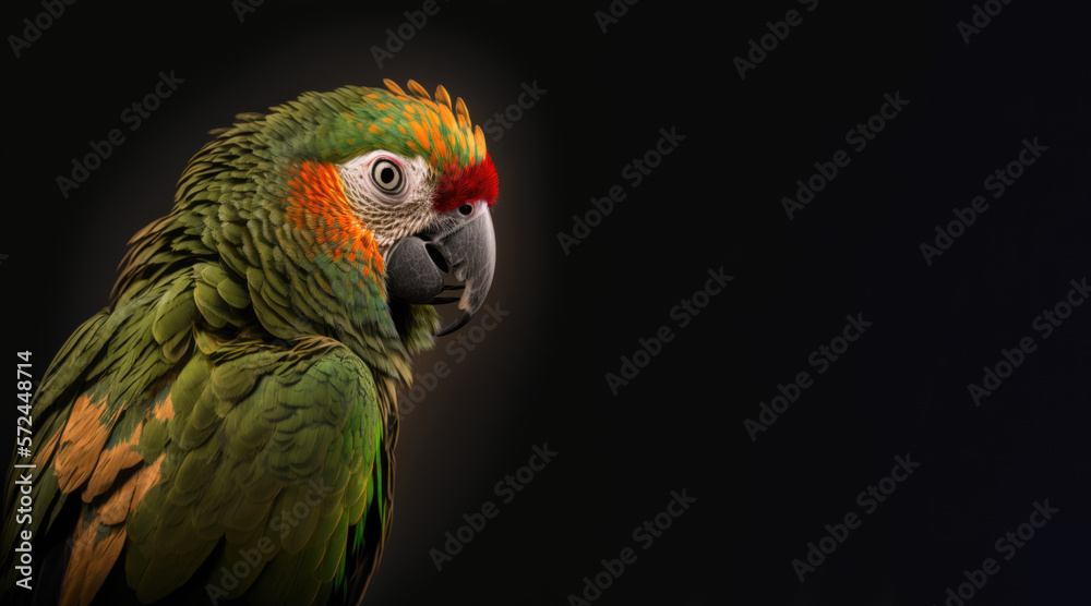 Wall mural portrait of a parrot, photo studio set up with key light, isolated with black background and copy sp