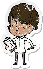 distressed sticker of a cartoon woman with eyes shut