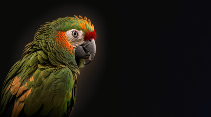 portrait of a parrot, photo studio set up with key light, isolated with black background and copy space - generative ai