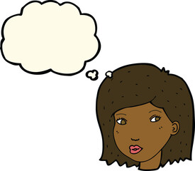 cartoon female face with thought bubble