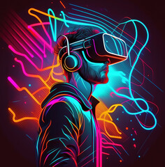 man virtual reality neon color , generative ai