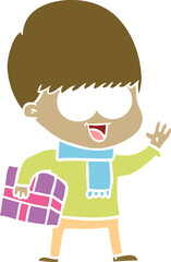 happy flat color style cartoon boy with present