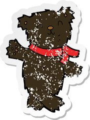 retro distressed sticker of a cartoon waving teddy black bear
