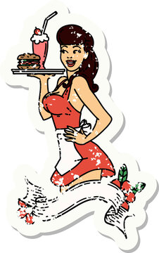 distressed sticker tattoo of a pinup waitress girl with banner