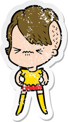 distressed sticker of a cartoon annoyed hipster girl