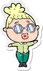 distressed sticker of a cartoon woman wearing spectacles