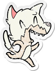 distressed sticker of a laughing fox running away