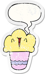 cartoon cupcake and face and speech bubble distressed sticker