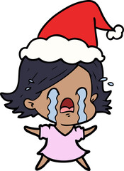 line drawing of a woman crying wearing santa hat