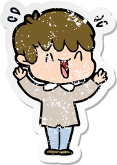 distressed sticker of a cartoon laughing boy