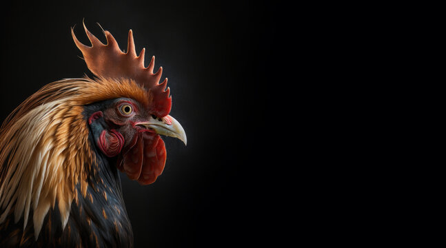 portrait of a rooster photo studio set up with key light, isolated with black background and copy space - generative ai