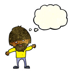 cartoon happy bearded man waving with thought bubble