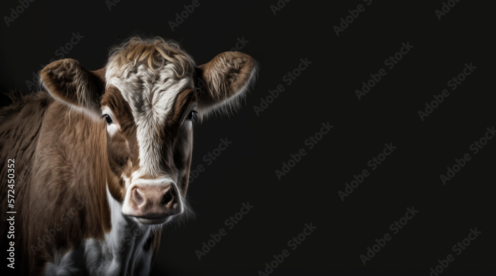 Wall mural portrait of a sad brown cow, photo studio set up with key light, isolated with black background and 