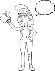 thought bubble cartoon woman in dungarees