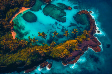 Aerial drone view of beautiful tropical island beach with palms. Vacation background. Turquoise ocean. Generative AI
