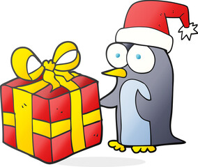 cartoon christmas penguin with present