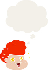 cartoon excited boy and thought bubble in retro style