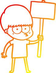 warm gradient line drawing nervous cartoon boy holding placard