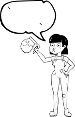 speech bubble cartoon woman in dungarees with coffee