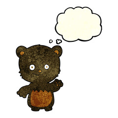 cartoon black bearcub waving with thought bubble