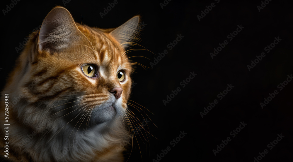 Wall mural portrait of a sad ginger cat, photo studio set up with key light, isolated with black background and