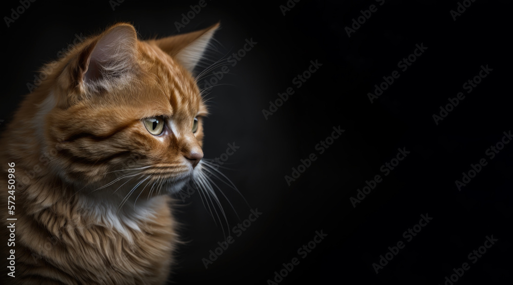 Wall mural portrait of a sad ginger cat, photo studio set up with key light, isolated with black background and