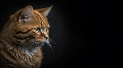 Fototapeta premium portrait of a sad ginger cat, photo studio set up with key light, isolated with black background and copy space - generative ai