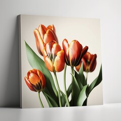 spring tulips in a vase on a white table. Mockup to demonstrate work.generation al