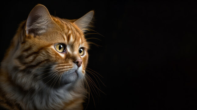 portrait of a sad ginger cat, photo studio set up with key light, isolated with black background and copy space - generative ai