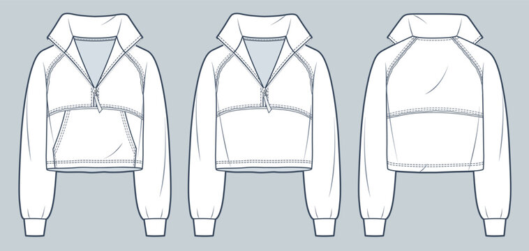 Set of Sweatshirt technical fashion illustration. Raglan Sleeve cropped Sweatshirt fashion technical drawing template, raw, oversized, front and back view, white, women, men, unisex CAD mockup.