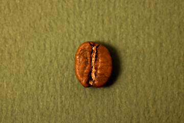grain de café isolé vu de dessus posé sur un fond vert kaki