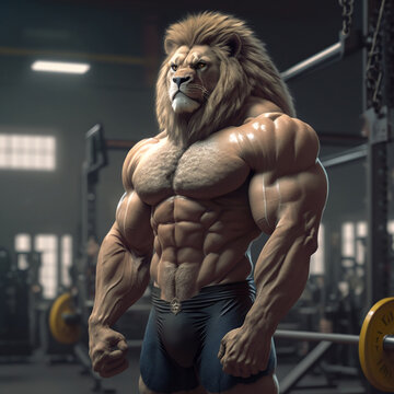 A buff Lion at the Gym, a Lion working out, Generative Ai