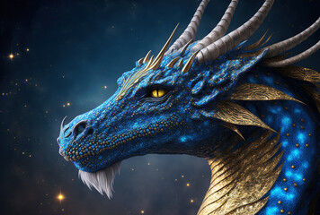 Dragon blue hues, celestial background, awesome dragon, esoteric, fantasy, concept of dragon energy, cosmic energy, mythical creature, legend, universe, magic, mystery. Generative AI © Caphira Lescante