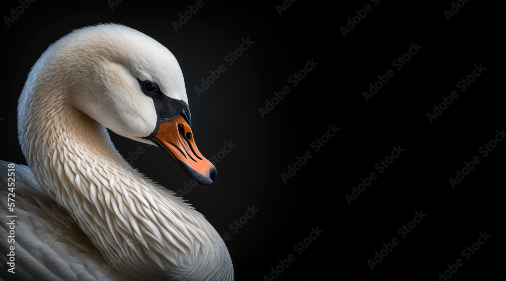 Wall mural portrait of a white swan, photo studio set up with key light, isolated with black background and cop