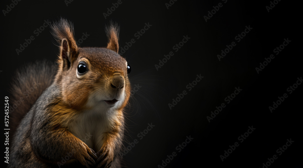 Wall mural portrait of a squirrel, photo studio set up with key light, isolated with black background and copy 