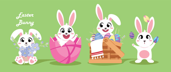 Set of cute Easter bunnies on a green background. Color vector illustration: Easter bunny with flowers, bunny looking out of an egg, in a basket with Easter eggs in cartoon style.