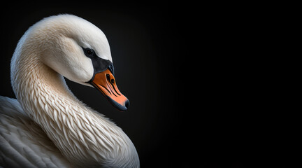 portrait of a white swan, photo studio set up with key light, isolated with black background and copy space - generative ai