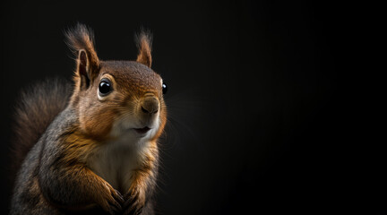 Naklejka na ściany i meble portrait of a squirrel, photo studio set up with key light, isolated with black background and copy space - generative ai