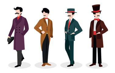 Set of handsome gentlemen isolated on white background. Vector illustration of elegant men with mustaches dressed in classic suits, tailcoats with bows and ties, with hats in cartoon style.