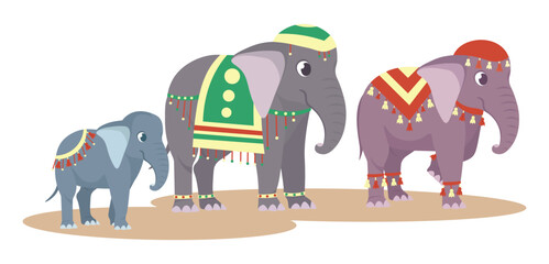 Vector illustration of cute and beautiful Indian elephants isolated on white background. Charming characters of a family of elephants decorated in traditional Indian style in a cartoon style.