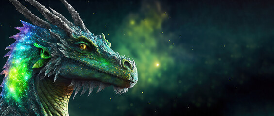 Dragon rainbow hues, celestial background, friendly dragon, esoteric, fantasy, concept of dragon energy, cosmic energy, mythical creature, legend, universe, magic, mystery. Generative AI