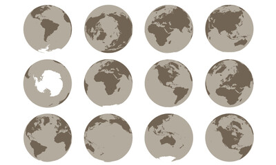 World globe different angles all continents brown beige set of vectors