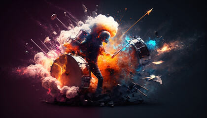 Drum kit with silhouetted person and rainbow paint energetic explosion, Generative AI.