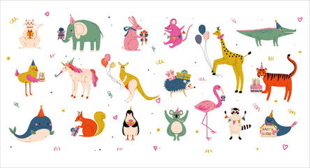 Set of cute animals birthday cake, presents and balloons. Elephant, tiger, rabbit, giraffe, hedgehog for Happy Birthday design cartoon vector Illustration - obrazy, fototapety, plakaty