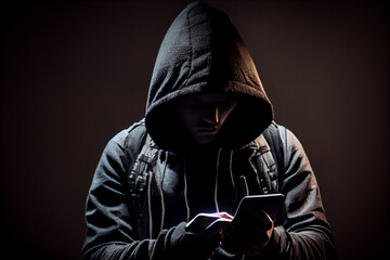 person in dark hoodie looks at a cell phone, generative AI.