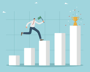 Business winner, achieving a career goal and success, winning a prize or bonus, fulfilling a challenge or mission, the man runs up the bar graph like a ladder of success with a flag to the finale. - obrazy, fototapety, plakaty