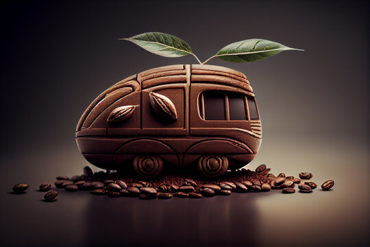 Creative coffee bean handmade car with leaf,  ai