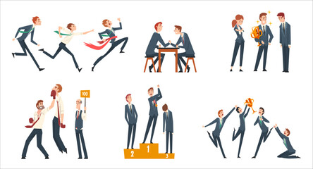 Business people taking part in professional competition set. Office team celebrating victory cartoon vector Illustration