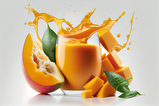 Abstract composition glass of mango juice with splashes on studio background, ai