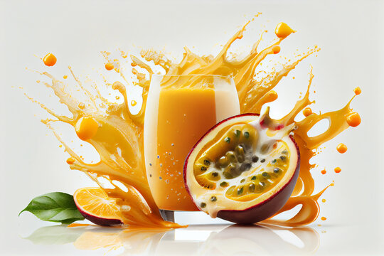 Abstract composition glass of passion fruit juice with splashes on studio background, ai